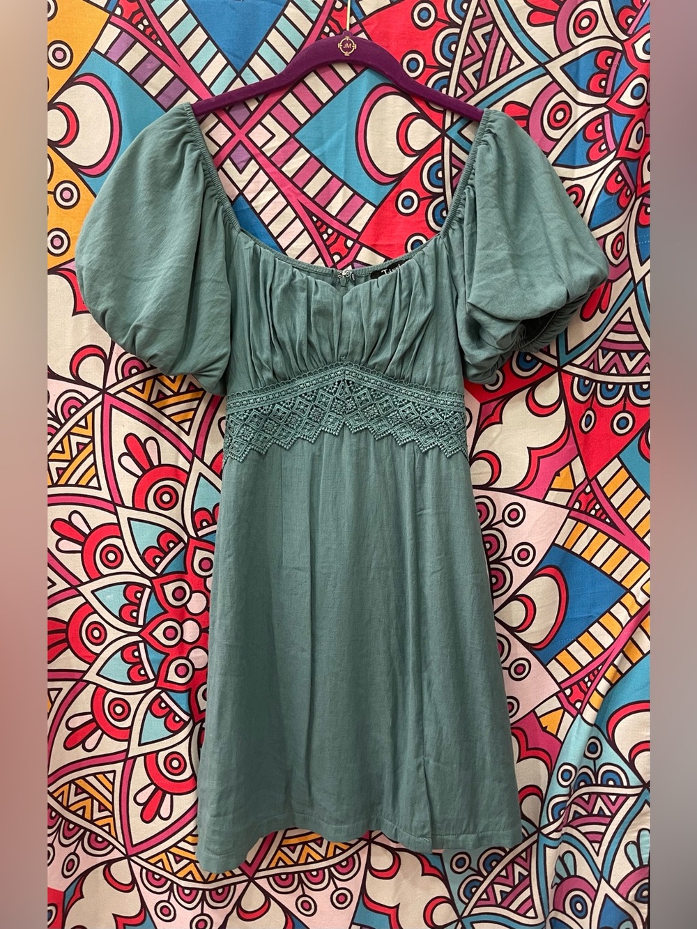 Trixxi Sage Green Lace Trim Milkmaid Mini Dress Puff Sleeve Size Medium Boho